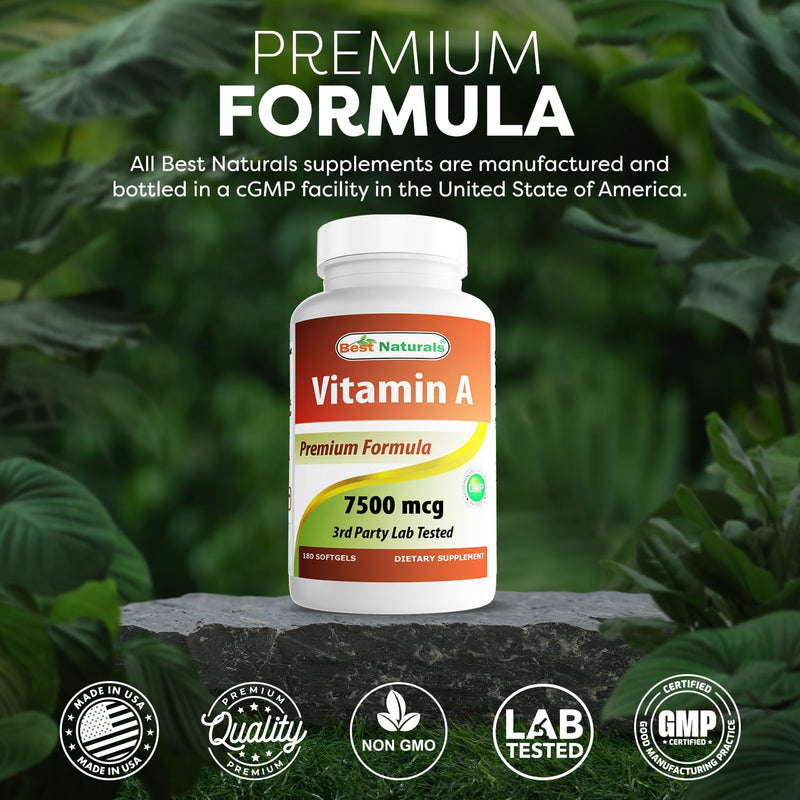 Best Naturals Vitamin A 25000 IU (7500 mcg), Non-GMO Formula Supports Healthy Vision & Immune System and Healthy Growth & Reproduction, 180 Softgels (180 Count (Pack of 1)) 180 Count (Pack of 1)