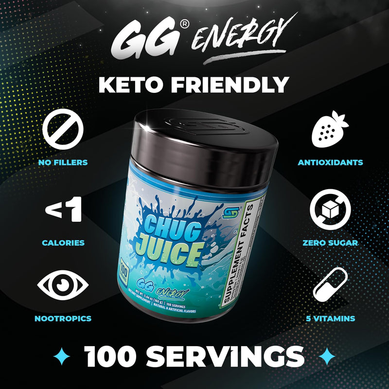 Gamer Supps GG Energy - Chug Juice by LazarBeam (100 Servings) - Keto Friendly Gaming Energy and Nootropic Blend, Sugar Free + Caffeine + Vitamins + Immune Support, Powder Drink