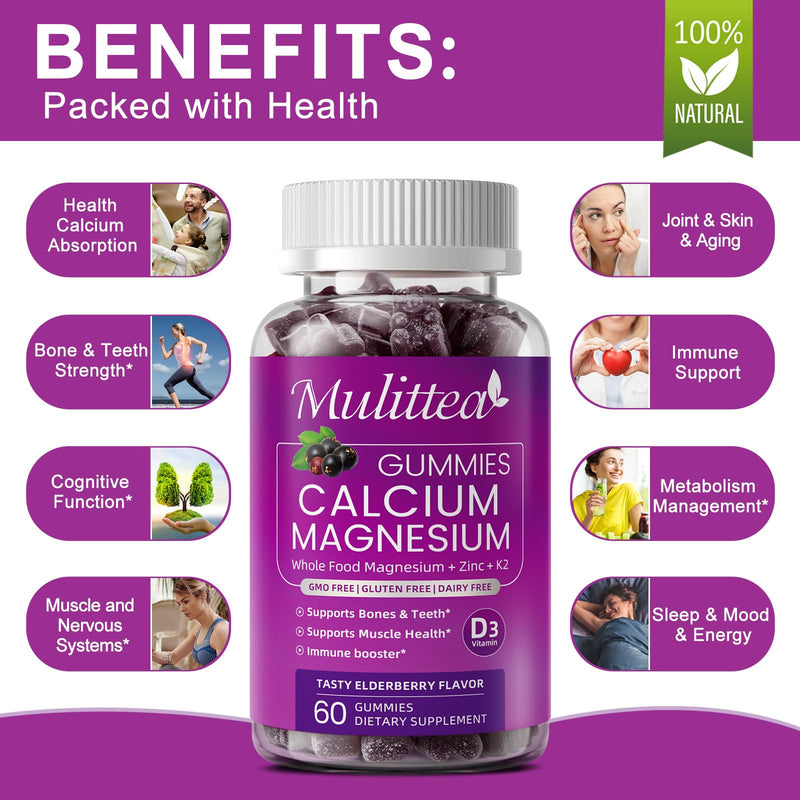 Plant Based Calcium Supplement with Vitamin D3,K2 Gummy for Bone Strength, Contains Whole Food Natural Minerals-Bone Health, Calm Mood & Sleep Support for Women & Men (2 Pack)