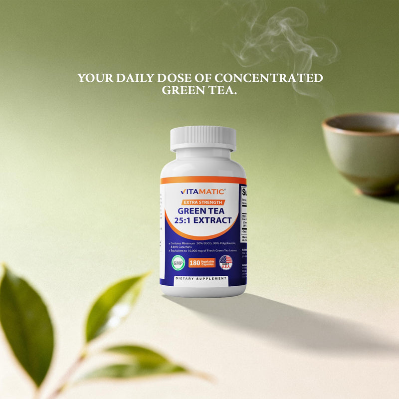 Vitamatic Green Tea Extract with Vitamin C, 25X Concentrate, 98% Polyphenols, 80% Catechins, 50% EGCG, 180 Veg Capsules