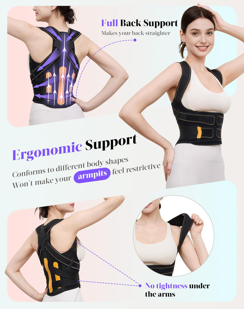 Posture Corrector for Women and Men, 5 Full Back Support Brace Rods, FSA&HSA Eligible, Adjustable Shoulder Straightener, Improving Hunchback Posture, Upper and Lower Back, Neck Pain Relief, Large Black Yellow - BeesActive Australia