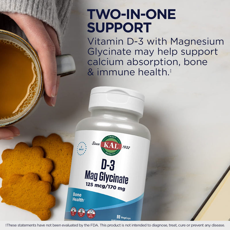 KAL Vitamin D3 & Magnesium Glycinate, Enhanced Absorption Formula with BioPerine, Muscle & Bone Health Support, Immune Support & More, Non-GMO, Gluten Free, 45 Servings, 90 VegCaps Unflavored 90 Count (Pack of 1)