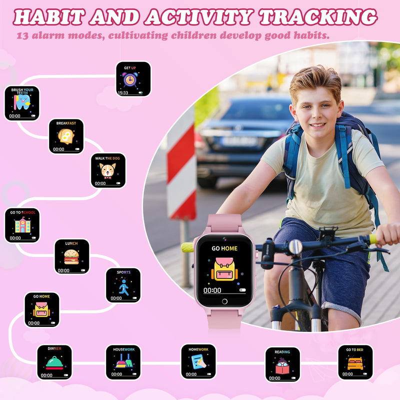 Kids Smart Watch with Camera, Video, Music Player, Alarm Clock, Stopwatch, Calendar, Pedometer, 1.54'' HD Touchscreen, Shockproof, IP68 Waterproof for Girls Boys 6-12 Years Old (Pink) Pink