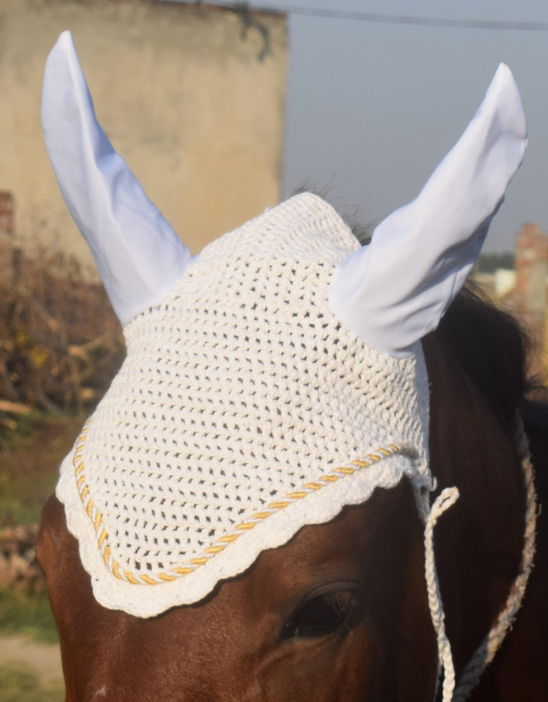 Horse Ear Bonnet Ear Net Hat Fly Bonnet Hood Mask Fly Veil Full Hand Made Cotton (Pony, White) Pony - BeesActive Australia