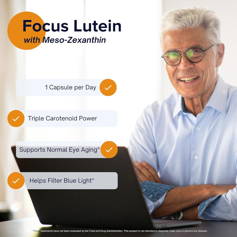 Focus Lutein Eye Vitamin with Meso-Zeaxanthin for Vision Support, 120 Count | Daily eye supplement to support eye aging, fatigue and reduce blue light strain, sugar-free, made in USA, 120-day supply 60 Count (Pack of 2)