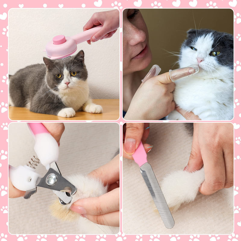 VCZONE 8 Pcs Cat Brush Grooming Kits, Pet Self Cleaning Kit with Pet Nail Clipper and File, Flea Comb, Pet Shampoo Bath Brush, Pet Shedding Brush, Silicone Toothbrush (Pink) Pink - BeesActive Australia