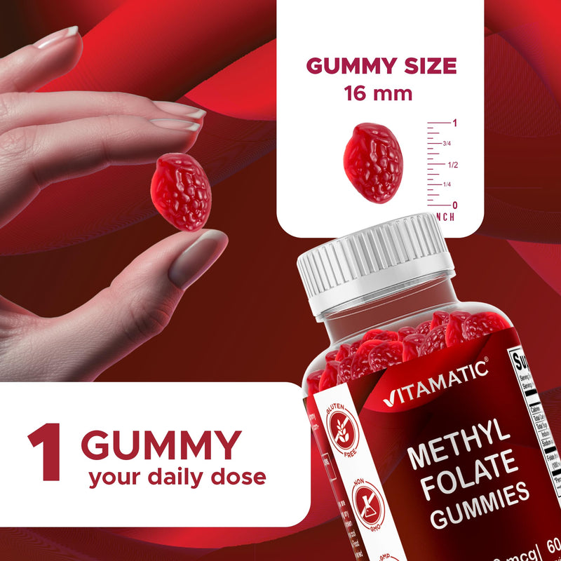 Vitamatic Methylfolate Gummies 1000 mcg – Active 5-MTHF Form – Natural Strawberry Flavor – Vegan, Non-GMO, Gluten Free – 60 Gummies