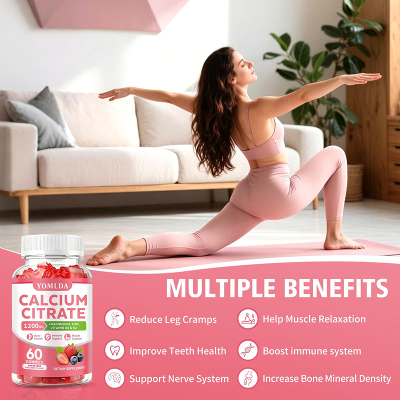 Calcium Gummies Calcium Citrate 1200mg with Vitamin D3 K2, Magnesium & Zinc | Calcium Citrate Gummies Sugar Free, Vegan, High Absorption for Women & Men, Easy Digest, Bone & Muscle & Immune Support 120Ct 60 Count (Pack of 2)