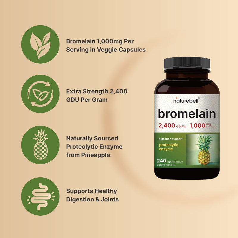 NatureBell Bromelain, 1,000mg Per Serving, 240 Veggie Capsules | 2,400 GDU – Digestive Enzymes & Joint Support Supplement – Proteolytic Enzymes for Digestion, Fresh Pineapple Source – Non-GMO Bromelain - Digestive Enzymes - BeesActive Australia