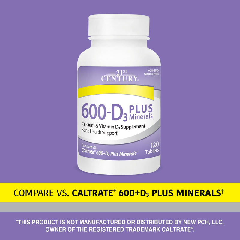 21st Century Calcium 600 Plus D Plus Minerals Caplets, Bone & Joint, 120 | Calcium 600 mg with Vitamin D3 & Essential Minerals, Compare VS. Caltrate® 600+D3 Plus Minerals, Bone, Joint & Muscle Support