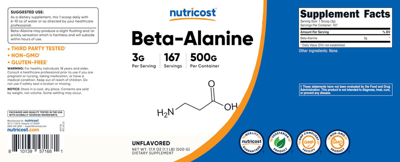 Nutricost Beta Alanine Powder 500 Grams (1.1lbs) - Pure Beta Alanine, Gluten Free & Non-GMO 1.1 Pound (Pack of 1) - BeesActive Australia