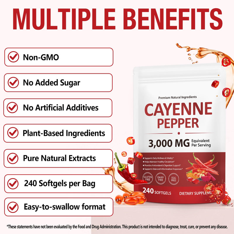 Cayenne Pepper Softgels with Beetroot Extract, Turmeric Curcumin & Hawthorn – Enhanced with Vitamins D3, K2 & E – Supports Heart Health, Circulation & Leg Vein Wellness – 240 Easy-to-Take Capsules 240 Count (Pack of 1)
