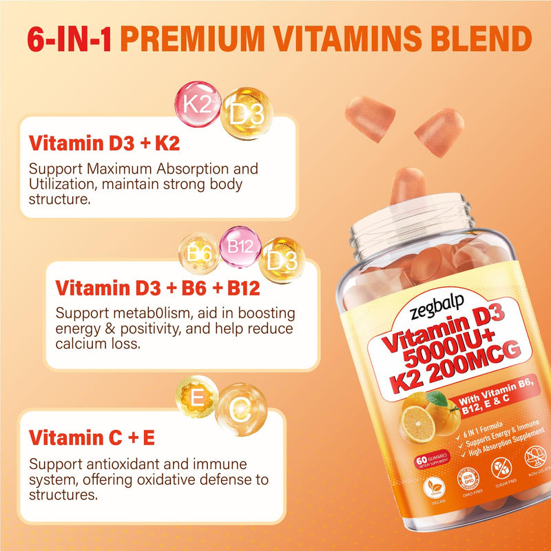 Vitamin D3 K2 Gummies for Adults - Vitamin D3 5000IU & K2(MK-7) 200mcg | Vitamin D3 Supplement with Vitamins B Complex, Vitamins C E for Women and Men - Vegan, Gluten Free, 2Packs 120 Count