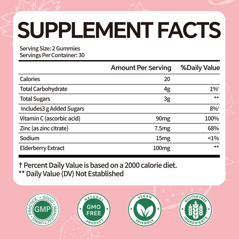 Elderberry Immune Gummies, Daily Immune Support for Adults, | with Vitamin C, Vitamin D3, Zinc, Gluten Free, Vegetarian, Strawberry Flavor,60 Gummies