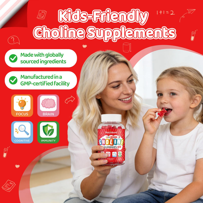 Choline Gummies for Kids & Adults, Choline Supplements 500mg with DHA, Phosphatidylserine for Brain Health, Focus, Immune Support, Sugar-Free, Vegan, Strawberry Flavor, 60 Gummies 1