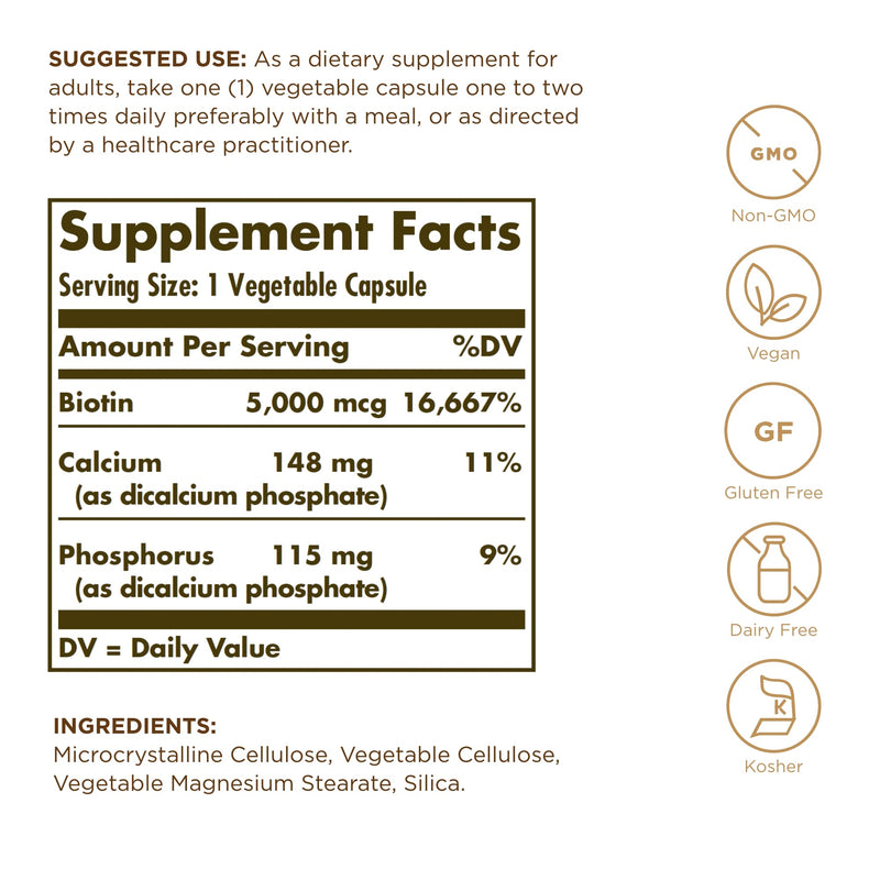 Solgar Biotin 5000 mcg - 50 Vegetable Capsules, Pack of 2 - Supports Healthy Skin, Nails & Hair - Non-GMO, Vegan, Gluten Free, Dairy Free, Kosher - 100 Total Servings