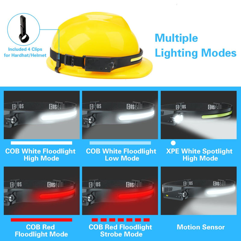 COSOOS LED Headlamp Rechargeable 3PCS with Cases, White & Red Light, Motion Sensor, Hardhat Clips, 230° Wide Beam Head Lamp for Adults, Head Light Flashlight for Hiking Camping Accessories Headlamp for Adults