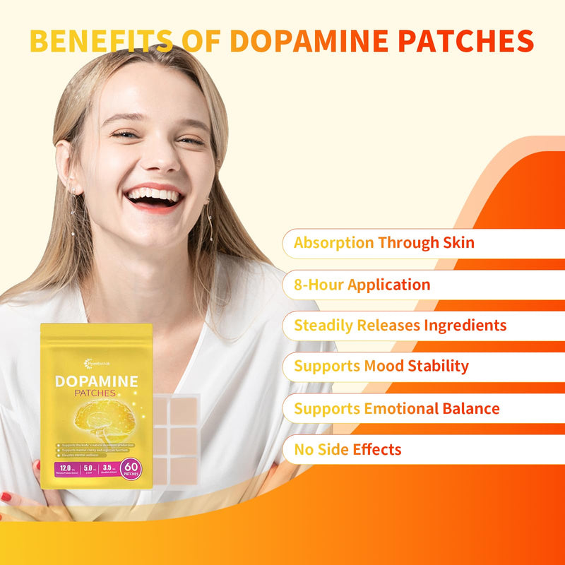 Dopamine Patches for Women Men, Upgraded Formulas with Mucuna Pruriens, 5-HTP, Lion's Mane Mushroom, Rhodiola,Support Dopamine & Serotonin Balance,Mental Health,60 Vegan Patches