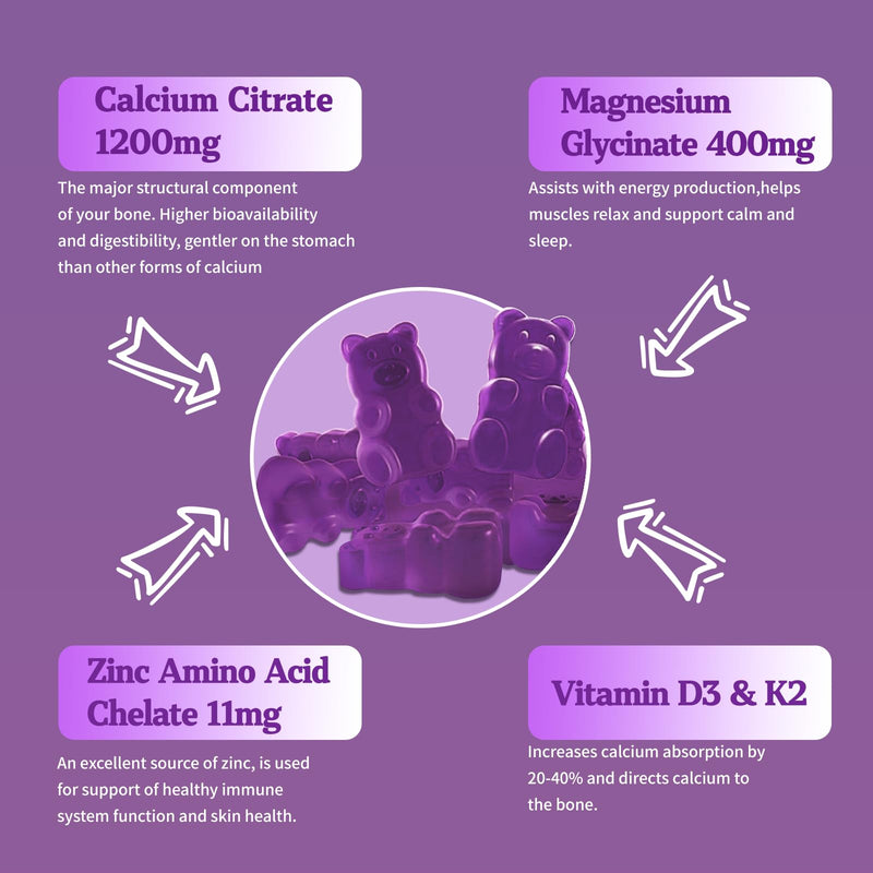Calcium Magnesium Zinc Gummies with Vitamin D3 K2, Sugar Free Calcium Gummy | Calcium 1200 mg with Vitamin D3 for Muscles, Sleep Support, Calcium Citrate for Women Kids, Blueberry Flavor, 60 Count 60 Count (Pack of 1)