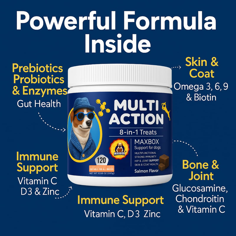 Dog Vitamins with DHA, Probiotics & CoQ10, Dog Supplements for 8-in-1 Multivitamin Treats, Complete Daily Wellness Supports Brain, Heart, Skin, Coat, Immunity, Digestion, Joints & Energy