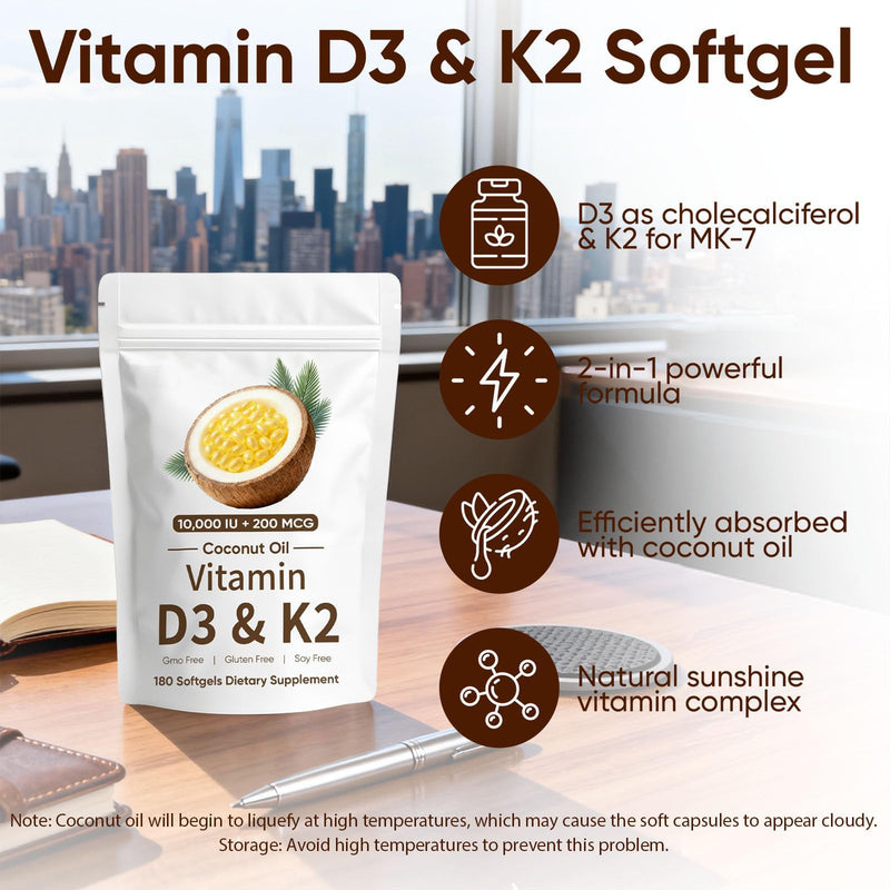 Naturals D3 K2, Vitamin D3 10000 IU + K2 200 MCG, Vitamin D3 & K2 Coconut Oil Softgels Capsules for Bone, Immune Health, Boosts Energy & Calcium Absorption, 180 Gels (1) 1