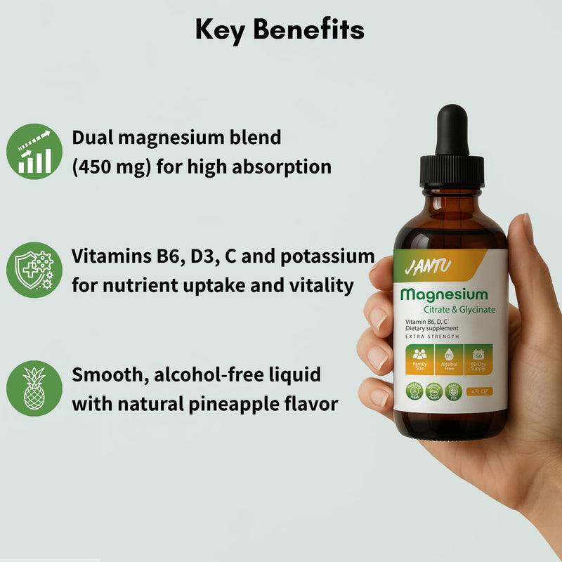 JANTU High‑Absorption Liquid Magnesium Citrate & Glycinate with Vitamins B6 D3 C & Potassium – Alcohol‑Free, Glycerin‑Based, Vegan, 60‑Day Supply – 4 oz