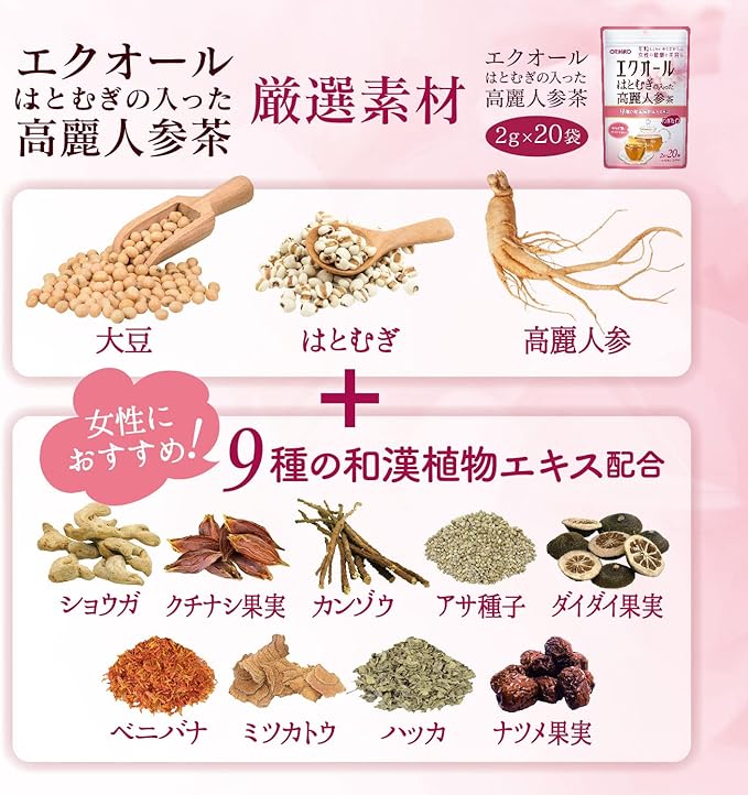 Orihiro Ginseng Tea with Ecuol Hatomugi, 0.08 oz (2 g) x 20 Bags, Non-Caffeine, Equor, Hatomugi, Japanese Chinese Extract, Ginseng, Rooibos, Black Beans, Rose Hip - BeesActive Australia