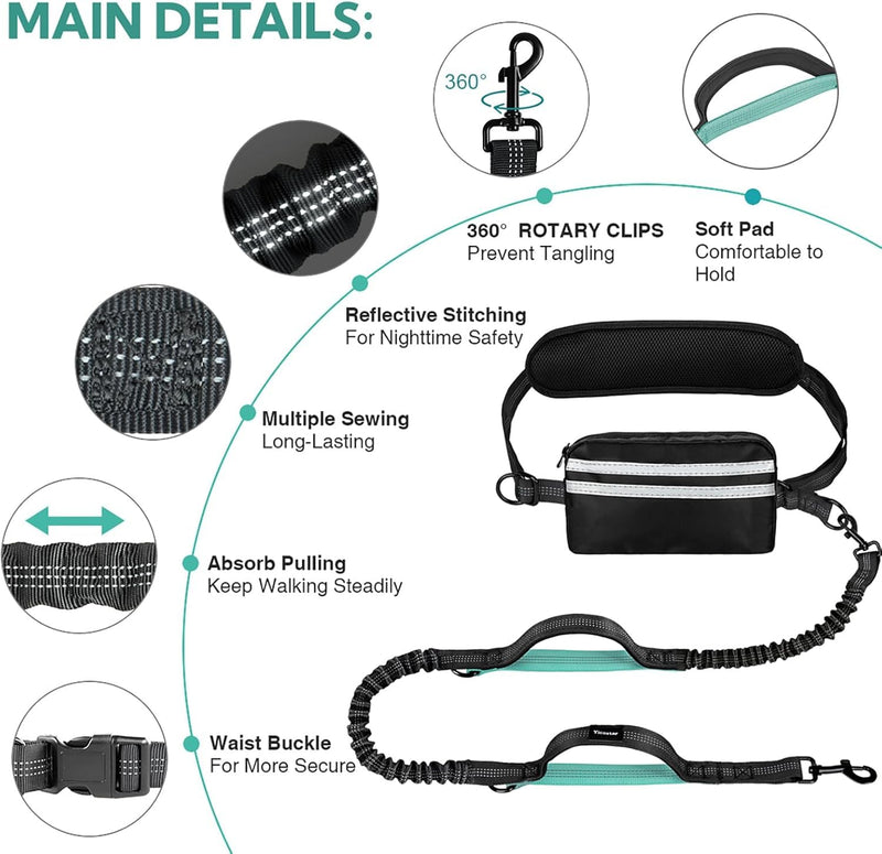 Hands Free Dog Leash with Pouch, Retractable Bungee, Double Padded Handles for Walking, Waist Leash for Medium & Large Dogs, Walking Accessories (Black Mint Green, 2 Leashes) Black mint green