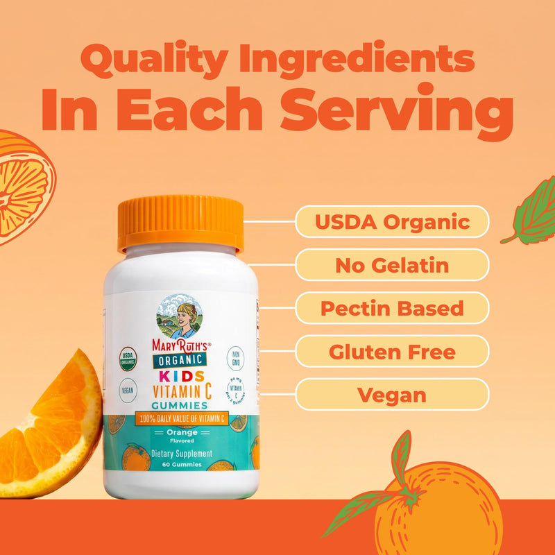 MARYRUTH'S Kids Vitamin C Gummies, 60 Servings, Immune Support Supplement | USDA Organic, Vegan, Non-GMO, Gluten Free