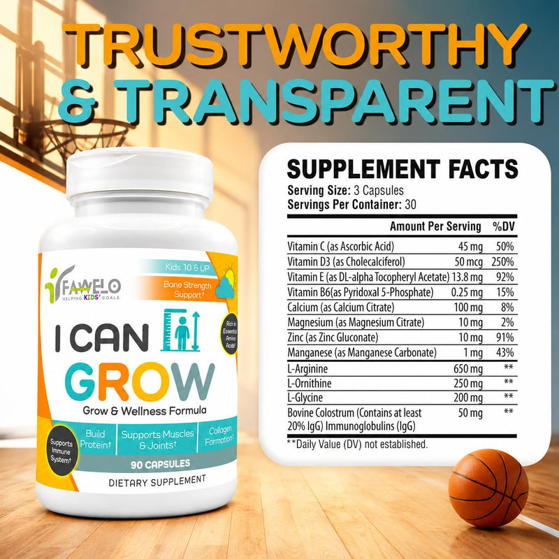 I Can Grow Day-Time Growth Support for Kids 10+ & Teens, 90 Capsules | Bone and Muscle Strength, Focus Support with L-Arginine, L-Ornithine, L-Glycine, Colostrum, Calcium, D3, Magnesium, Zinc