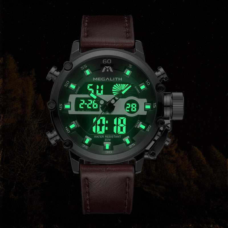 MEGALITH Mens Watches Waterproof Digital Military Sport Tactical Multifunction Heavy Duty Led Rugged Watch for Men, Alarm Stopwatch, Nylon/Leather Strap 4-Brown Silver