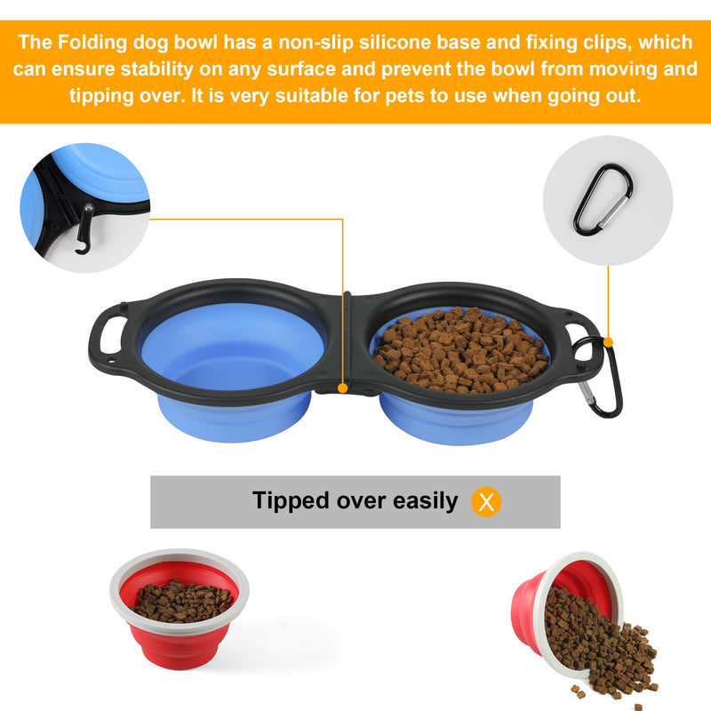 Collapsible Dog Bowls, Portable Travel Pet Feeder Bowl, 2 in 1 Expandable Silicone Pet Food & Water Double Bowl, Cat Feeder Dish with Carabiner for Walking, Traveling, Hiking, Camping - BeesActive Australia
