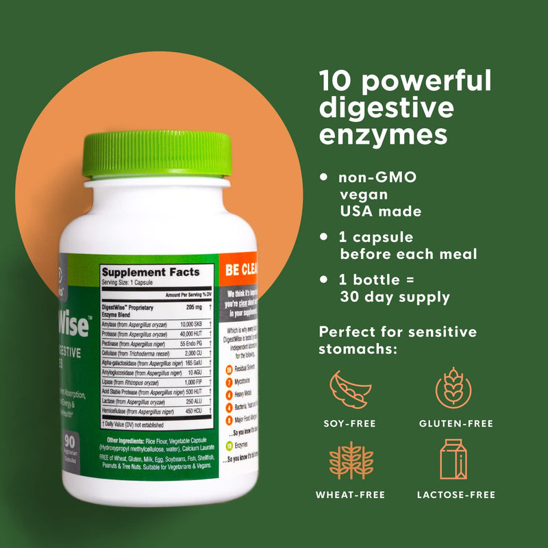 Vegan Digestive Enzymes for Gas & Bloating - 10 Enzymes, 90 Capsules | Broad-spectrum blend to help digest carbs, fats, and proteins, keto-friendly, lab tested, one per meal, 3-pack