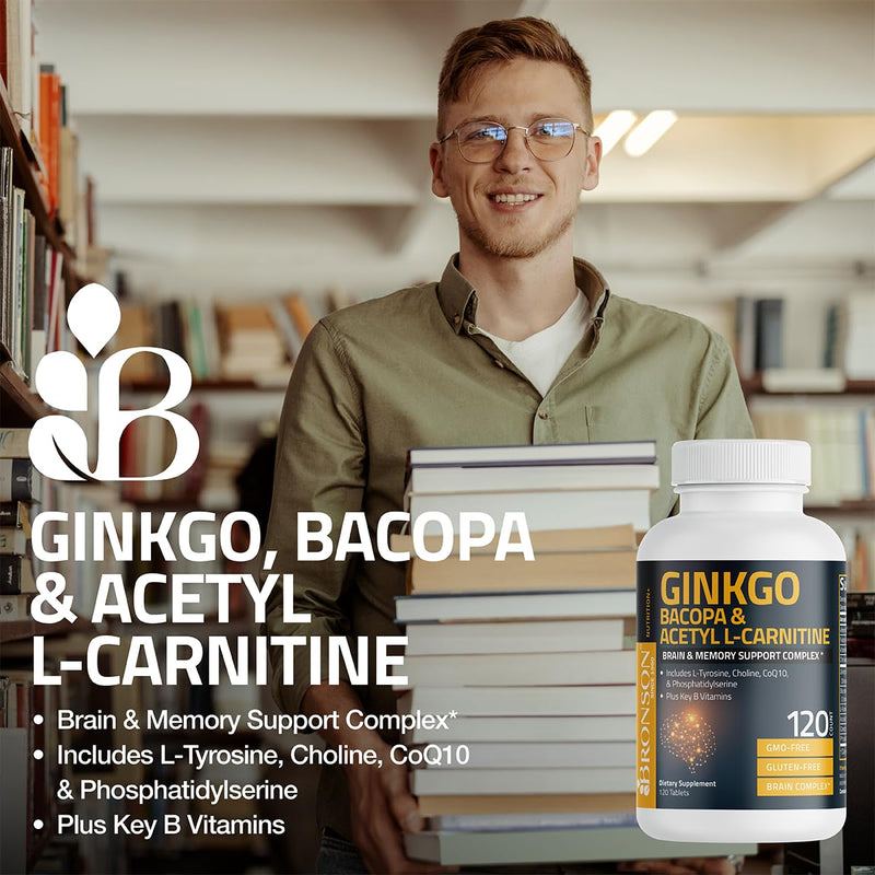Bronson Ginkgo, Bacopa & Acetyl L-Carnitine Brain & Memory Support Complex with L-Tyrosine, Choline, CoQ10 & Phosphatidylserine Plus Key B Vitamins Non-GMO, 120 Tablets 120 Count (Pack of 1)