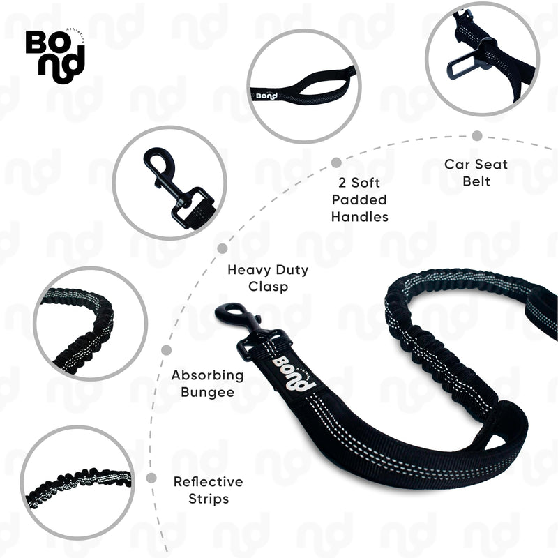 Bond Dog Running Leash Hands Free with Pouch, Hands Free Leash for Large Dogs, Pet Lead Running Belt for Walking & Canicross Belt, Includes Waist Jogging Fanny Pack & Pet Car Seat Belt Safety Medium Black