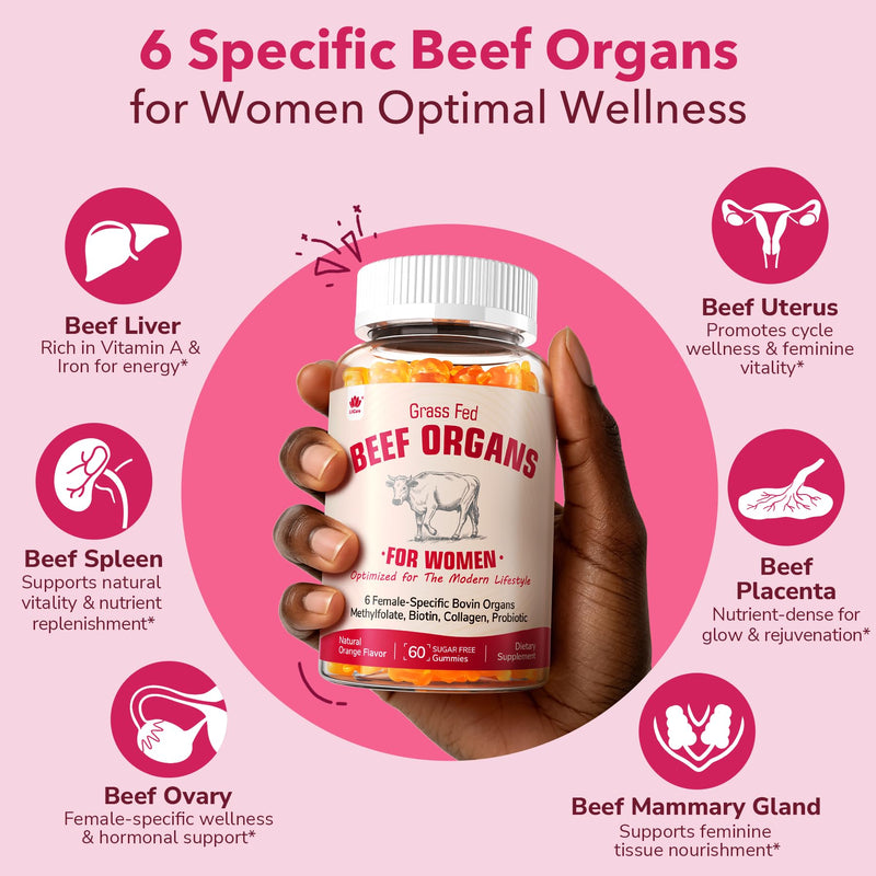 Beef Organ Supplement for Women Gummies, Ancestral Superfood Supplement, Grass-Fed Bovine Liver, Spleen, Ovary, Uterus, Placenta, Mammary Gland, Biotin for Beauty, Energy, Hormone, Sugar Free, 120 Cts 60 Count (Pack of 2)