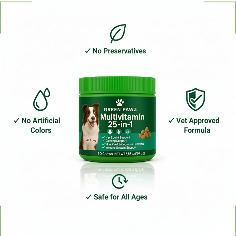 Daily 25-in-1 Dog multivitamin Designed to Support Overall Health, Combining Essential Dog Vitamins and Supplements in one Easy chew.