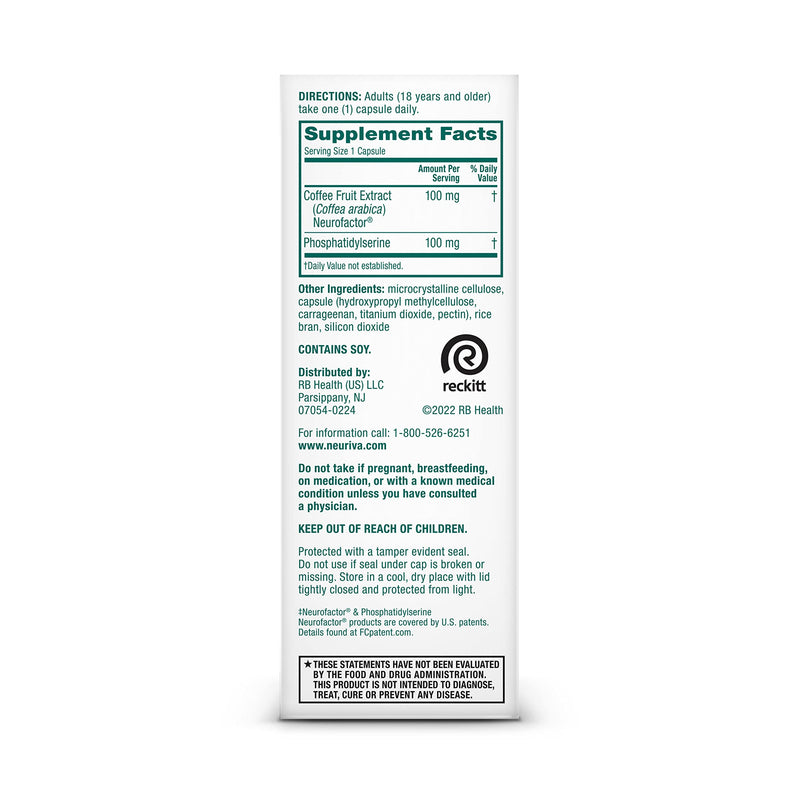 NEURIVA Original Decaffeinated Clinically Tested Nootropic Brain Supplement for Memory,Focus & Concentration,NeuroFactor & Phosphatidylserine,28ct Capsules,(Pack of 2)