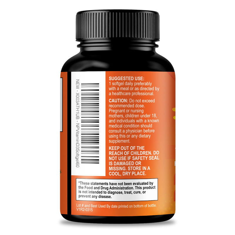 Vitamin D-3 5000 IU (125 mcg) Per Serving Softgels - Extra Strength Vitamins D Dietary Supplement for Bone, Teeth, Muscle Health & Immune Support, Rapid Absorbtion USA Bottled, Gluten Free - 60 Count 60 Count (Pack of 1)