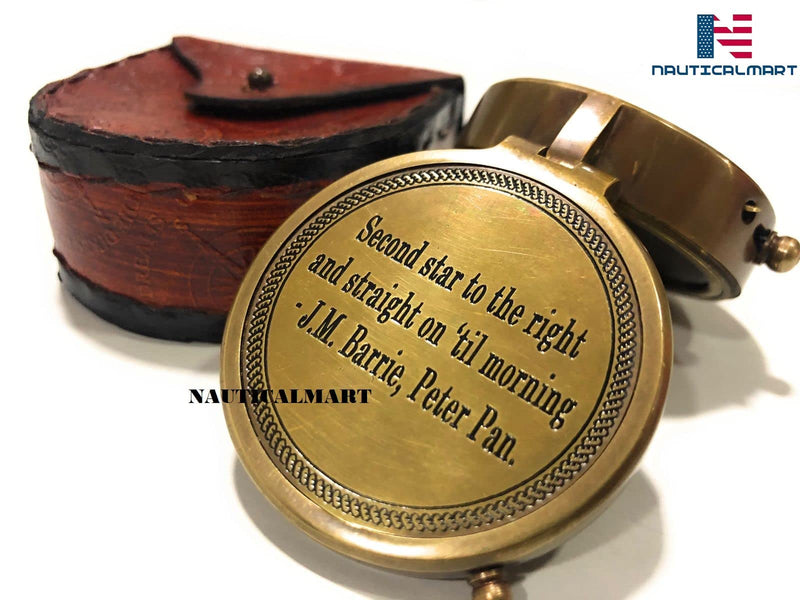Second Star to The Right J. M. Barrie, Peter Pan Engraved Brass Compass Directional Compass Magnetic Pocket Personalized Gift for Camping, Hiking and Touring - BeesActive Australia