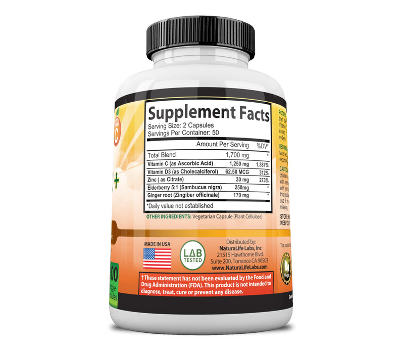 Vitamin C 1,700 MG with Vitamin D3, Zinc, Elderberry, Ginger root - Maximum Strength Multi System Immune Support- 100 veggie Capsules - BeesActive Australia