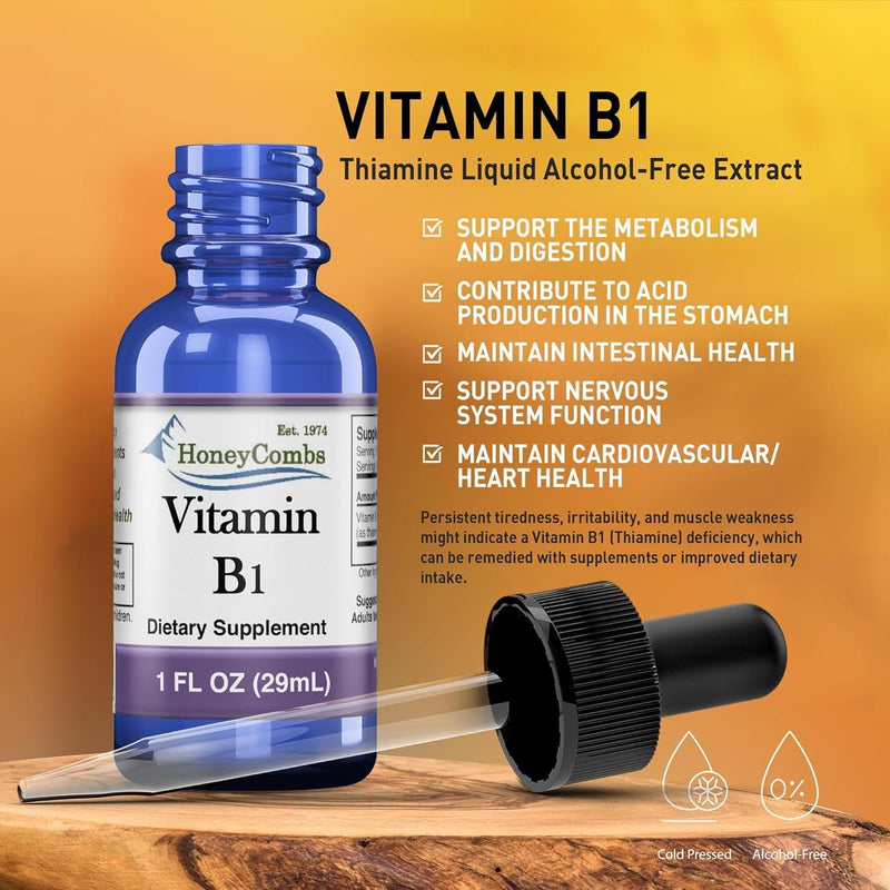HoneyCombs Vitamin B1 Thiamine Mononitrate Supplement Drops, 1 Fl Oz | liquid Vitamin B1 drops for natural energy support. 500%DV Vegan, alcohol-free, non-GMO Thiamine made in the USA. 1 Ounce (Pack of 1)
