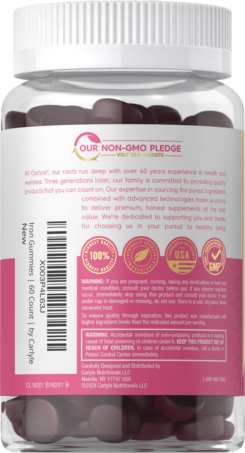 Carlyle Iron Gummies for Women with B-Complex Vitamins | 60 Count | Grape Flavor | Vegan, Non-GMO & Gluten Free Dietary Supplement