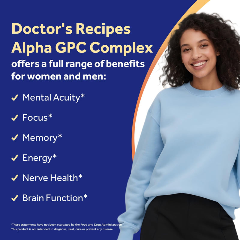 Doctor's Recipes Alpha GPC 300 mg Supplement, with 8 B Vitamins, Inositol, Acetyl L-Carnitine, Highly Bioavailable Source of Choline, 12-in-1 Cognitive Support for Women & Men, 60 Veggie Capsules