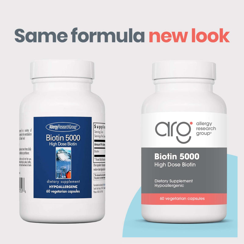 ARG Biotin 5000 mcg, Hair Skin and Nails, 60 Vegetarian Capsules | 5000 mcg Vitamin B Biotin for Metabolism, Energy Production and Hair, Skin and Nail Support, Gluten-Free, 60 Servings