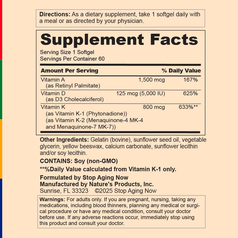 Stop Aging Now - Revolution-K Supplement - with Vitamin A, D, & K - 60 Softgels