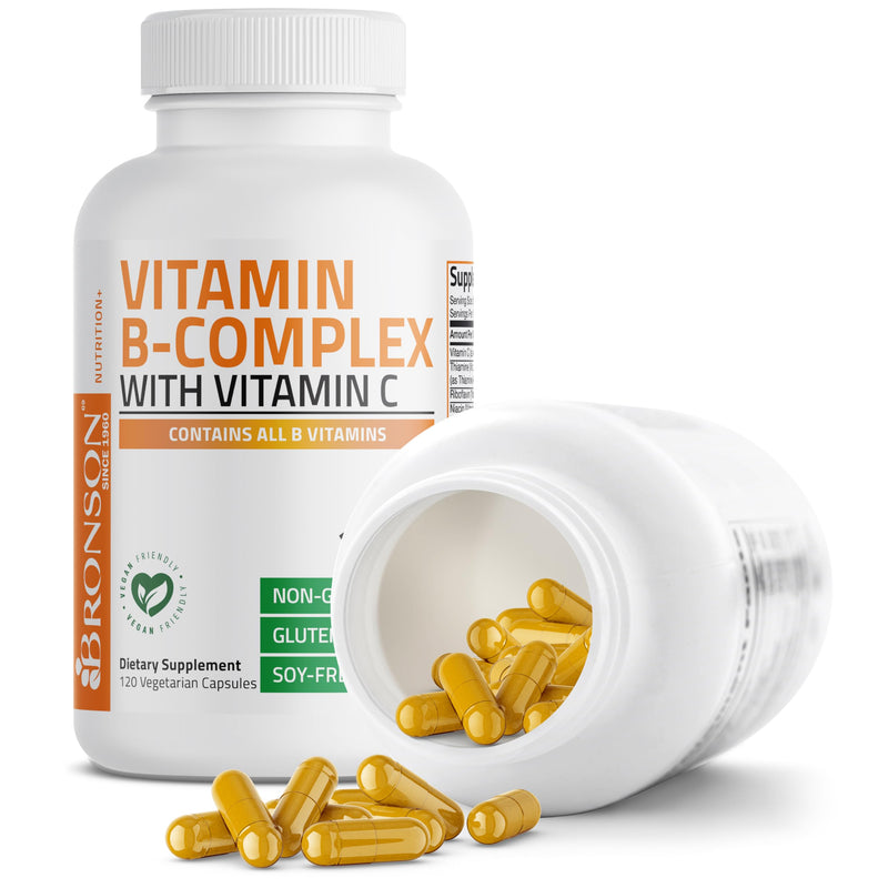Bronson Vitamin B Complex with Vitamin C Vegetarian Capsules, 120 Count | Immune Health, Energy Support, Nervous System Support, Non-GMO, Soy-Free, Gluten-Free, Contains All B Vitamins Unflavored 120 Count (Pack of 1)