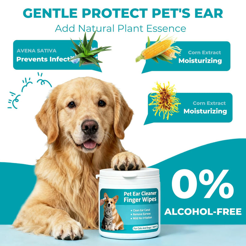 Pet Ear Cleaner Finger Wipes for Dogs, Cats, Gentle Alcohol-Free Formula, Removes Wax, Debris, 50 Count, Vet Approved, 4x8cm Ear Finger Wipes - 50Counts