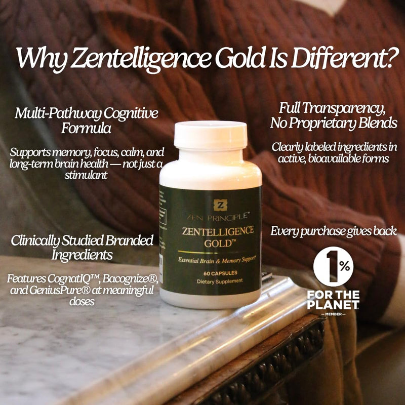 Zen Principle Zentelligence™ Gold Brain Supplement – Memory, Focus & Mental Clarity. Premium Cognitive Support for Adults 40+ with Magnesium, Vitamin D3, CoQ10, Vitamin B12 & L-Theanine. 60 Capsules 1