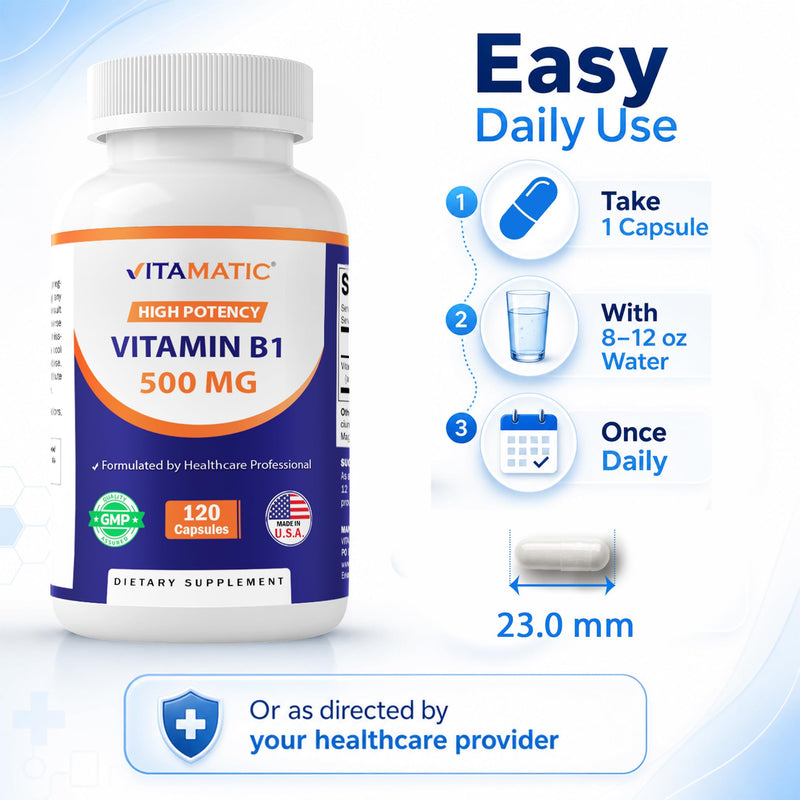 Vitamatic Vitamin B1 500 mg (Thiamine Mononitrate), 120 Capsules (2 Pack) | High Potency B1, Supports Nervous System Health and Energy Metabolism*, NonGMO, Gluten Free, Made in USA 60 Count (Pack of 2)